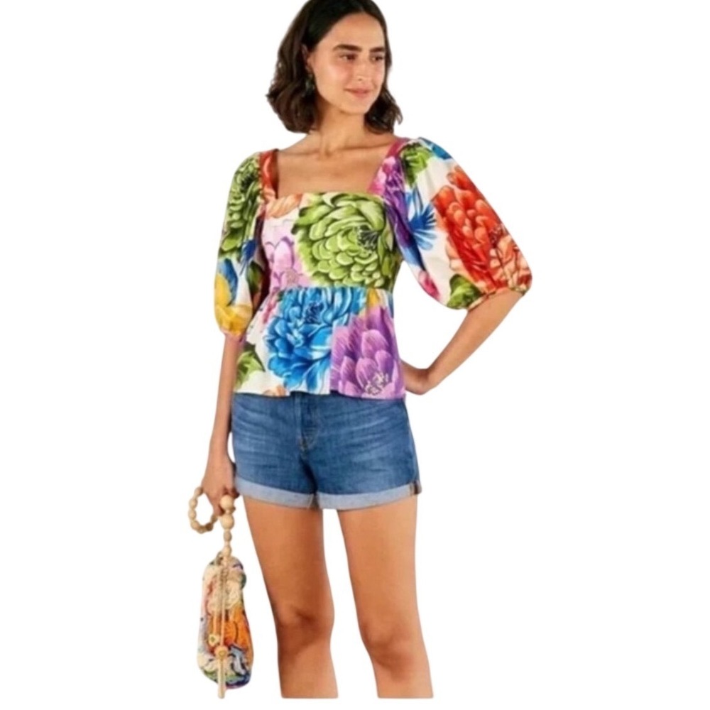 Square-Neck Floral Peplum Top — Multicolor